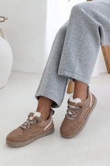 Umber Camel Suede Low Top Trainer Slipper with Faux fur lining
