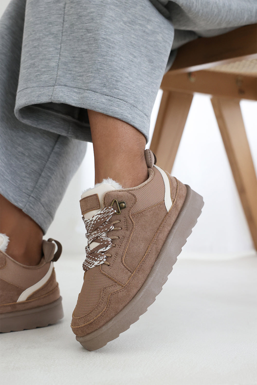 Lumina Camel Suede Low Top Trainer with mesh panel and Faux fur lining