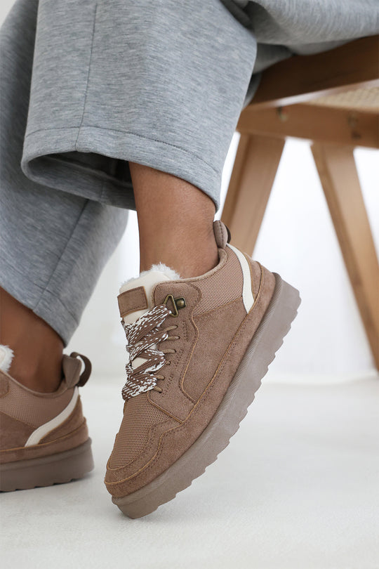 Umber Camel Suede Low Top Trainer Slipper with Faux fur lining