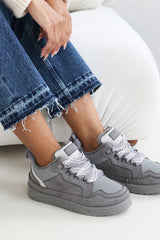 Lumina Grey Suede Low Top Trainer with mesh panel and Faux fur lining
