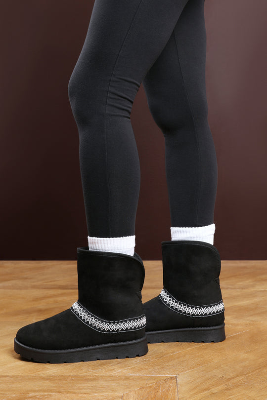 Esme Black Suede Flat Slippers with Embroidered Trim Detail