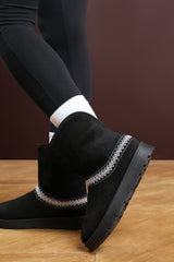 Esme Black Suede Flat Slippers with Embroidered Trim Detail