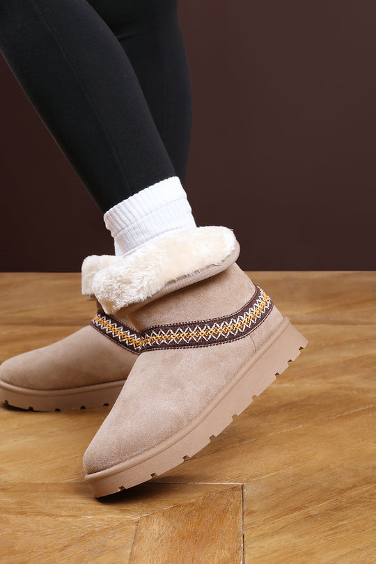 Esme Camel Suede Flat Slippers with Embroidered Trim Detail