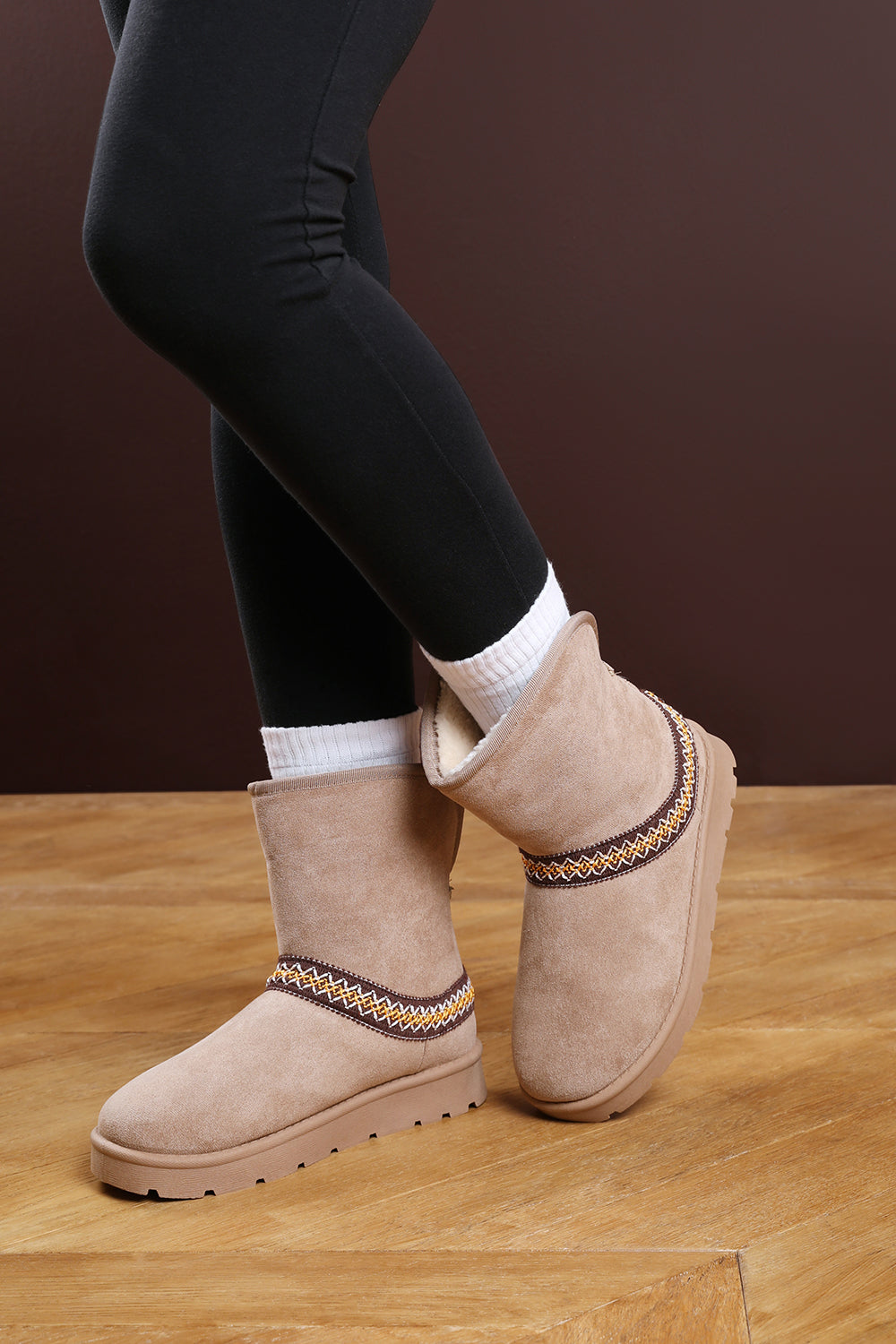 Esme Camel Suede Flat Slippers with Embroidered Trim Detail