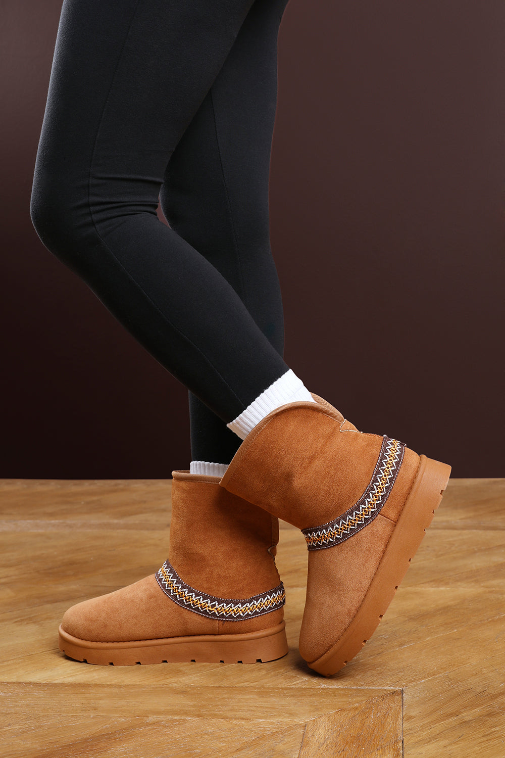 Esme Chestnut Suede Flat Slippers with Embroidered Trim Detail
