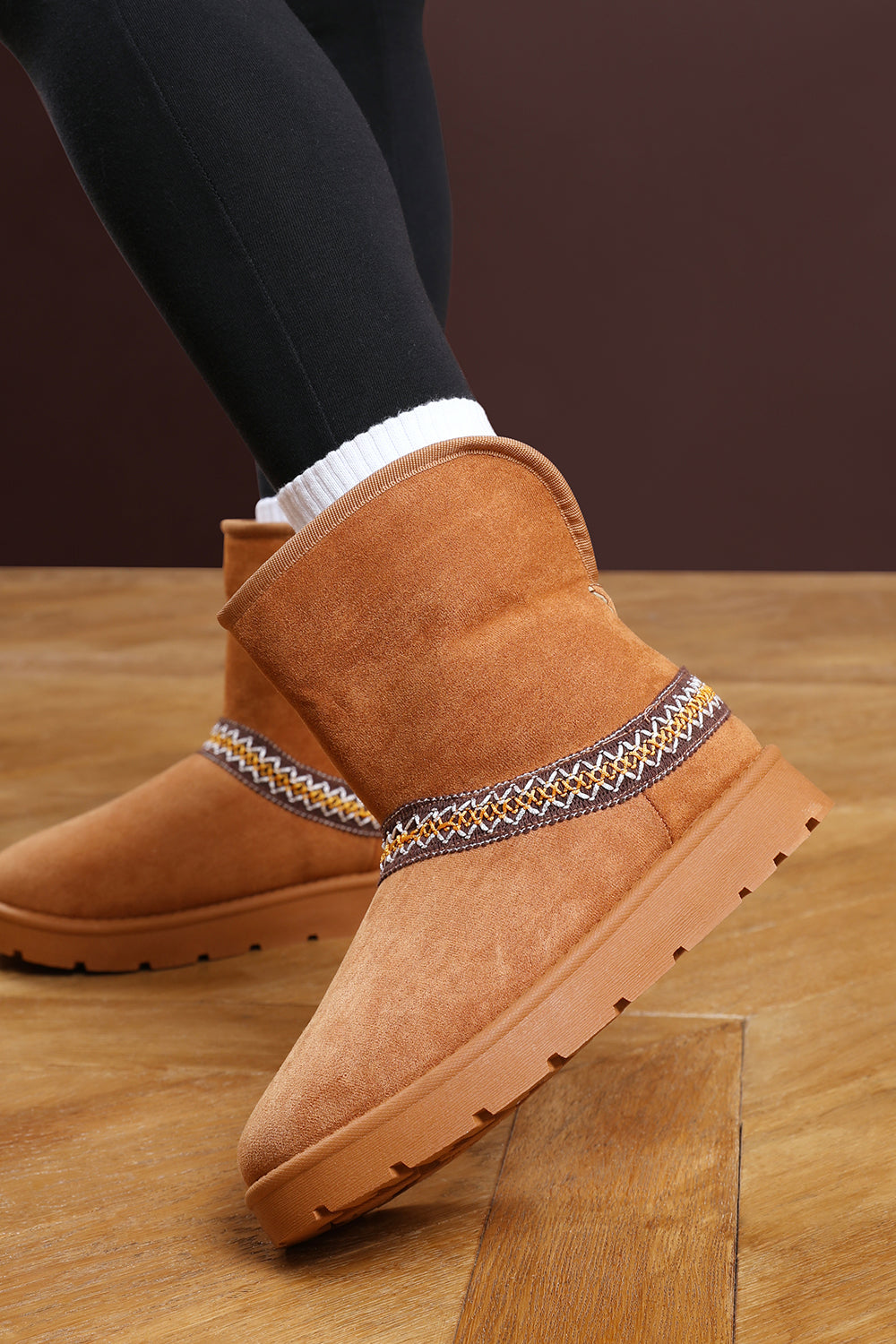 Esme Chestnut Suede Flat Slippers with Embroidered Trim Detail