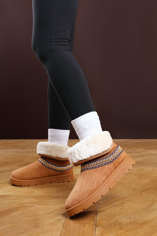 Esme Chestnut Suede Flat Slippers with Embroidered Trim Detail