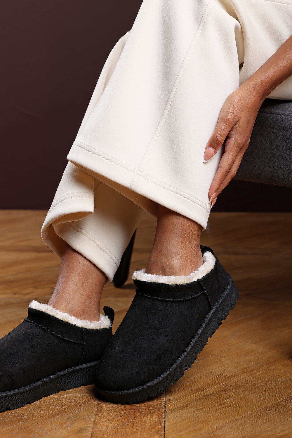 Frances Cosy Black Faux-Suede Fur Lined Micro Dipped Heel Boot