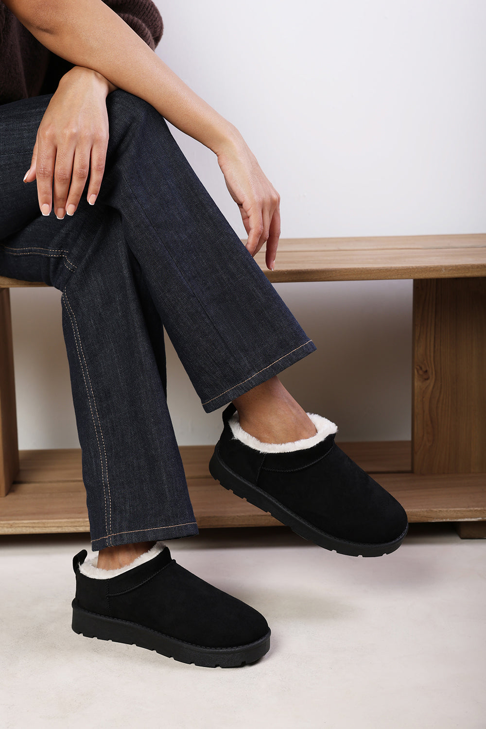 Avara Cosy Black Fur Lined Suede Micro Ankle Mules