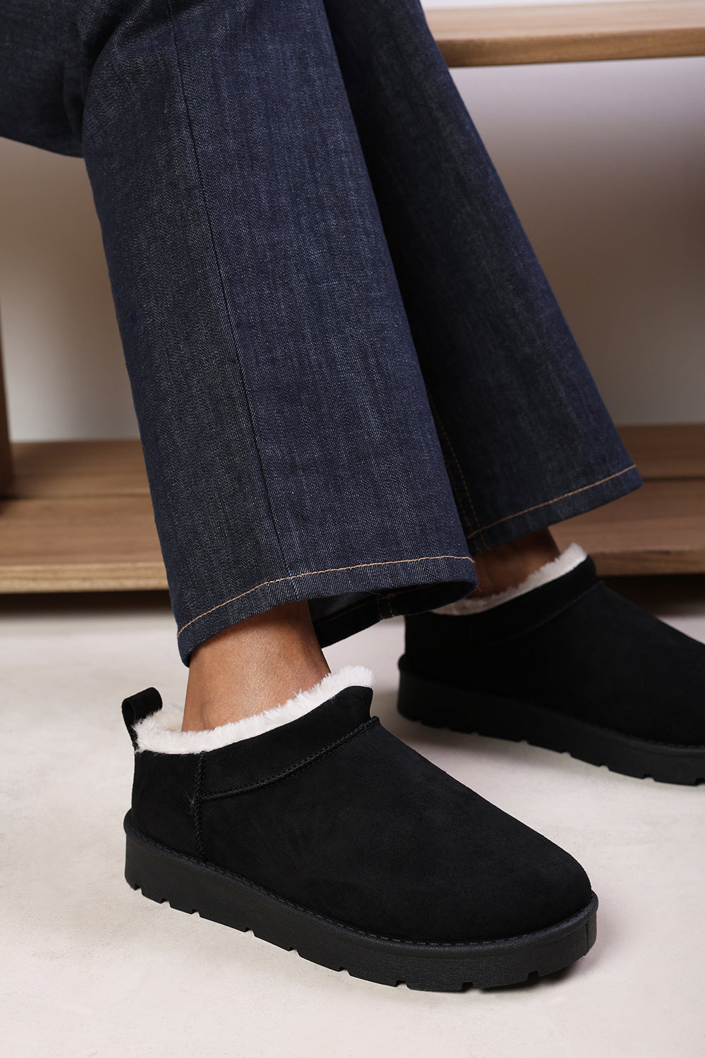 Avara Cosy Black Fur Lined Suede Micro Ankle Mules