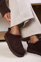 Avara Cosy Brown Fur Lined Suede Micro Ankle Mules