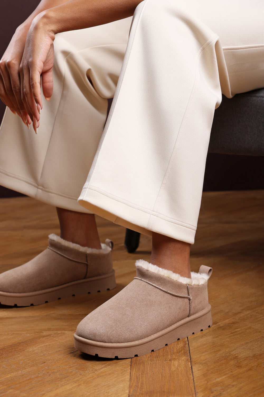 Frances Cosy Camel Faux-Suede Fur Lined Micro Dipped Heel Boot