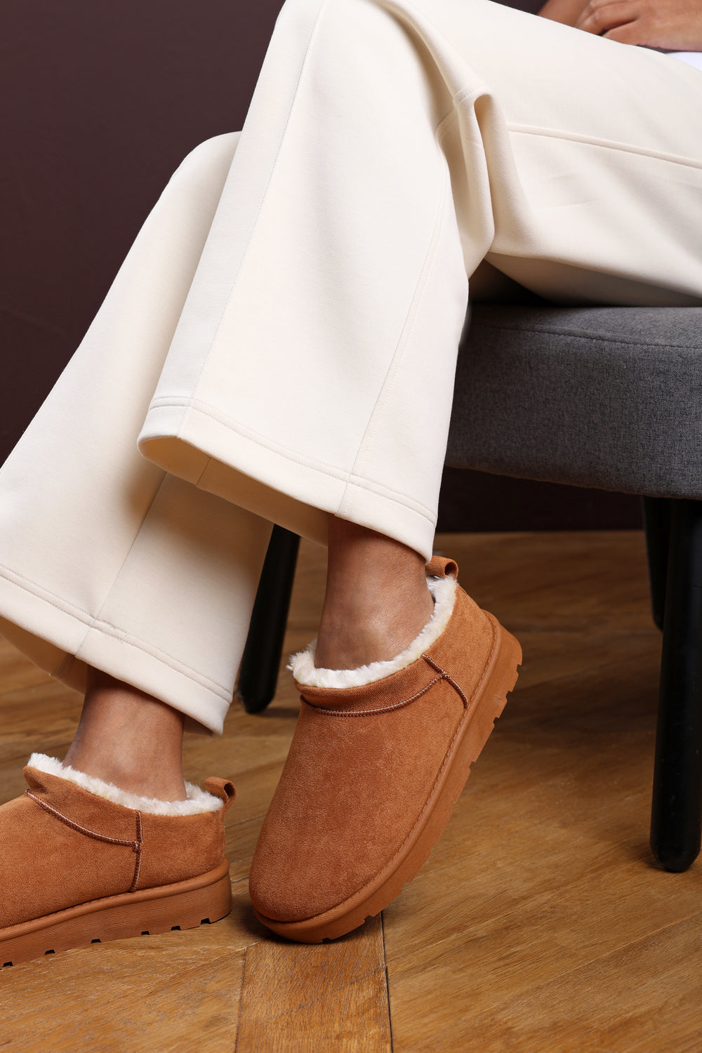 Frances Cosy Chestnut Faux-Suede Fur Lined Micro Dipped Heel Boot