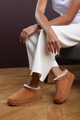 Avara Cosy Chestnut Fur Lined Suede Micro Ankle Mules