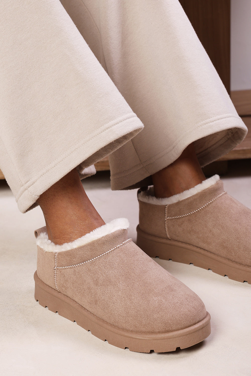 Avara Cosy Camel Fur Lined Suede Micro Ankle Mules