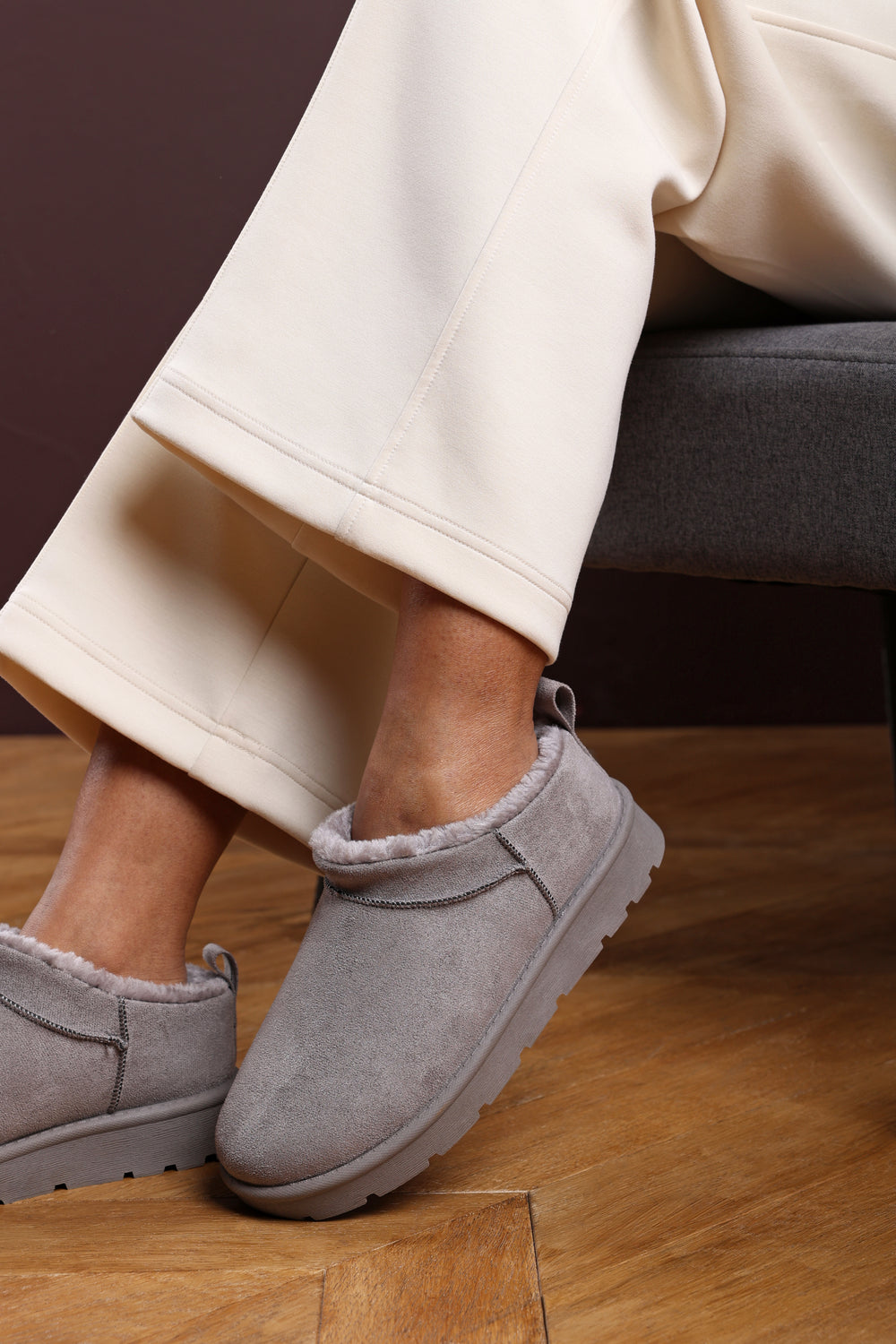 Avara Cosy Grey Fur Lined Suede Micro Ankle Mules