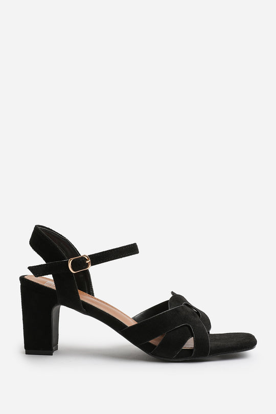 CALLIE WIDE FIT LOW BLOCK HEEL WITH BRAIDED DETAIL IN BLACK SUEDE