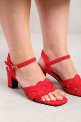 CALLIE LOW BLOCK HEEL WITH BRAIDED DETAIL IN RED SUEDE