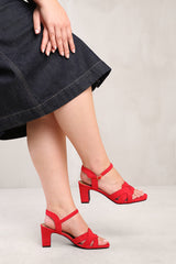 CALLIE LOW BLOCK HEEL WITH BRAIDED DETAIL IN RED SUEDE