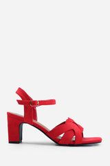 TINSLEY LOW BLOCK HEEL WITH BRAIDED DETAIL IN RED SUEDE