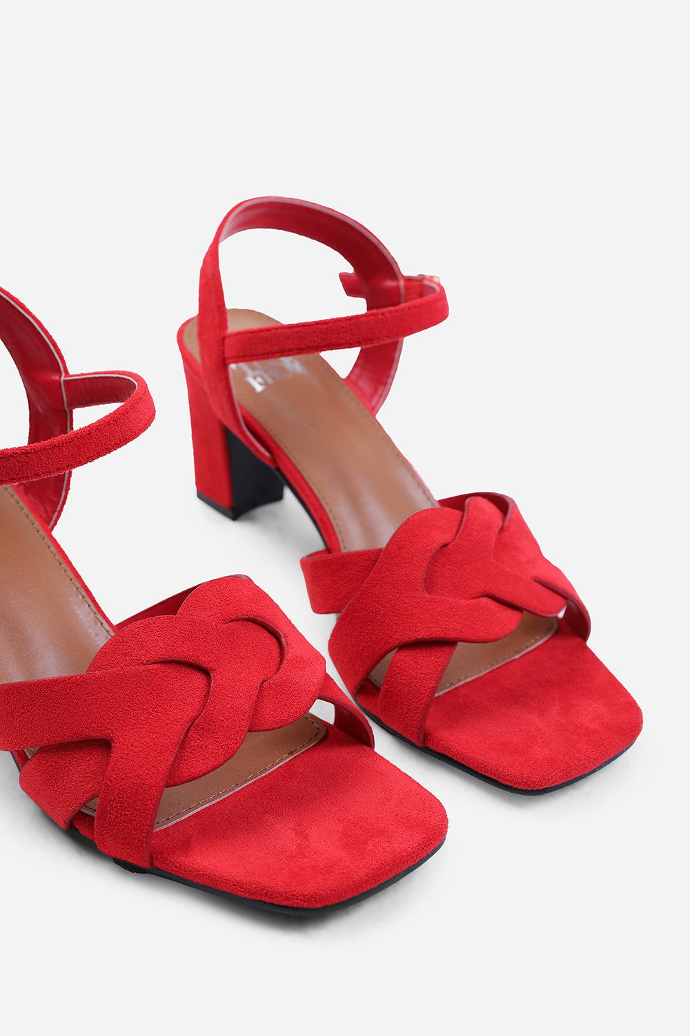 TINSLEY WIDE FIT LOW BLOCK HEEL WITH BRAIDED DETAIL IN RED SUEDE