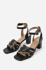 CAITY TRIPLE LINK CHAIN DETAIL SANDALS IN BLACK FAUX LEATHER