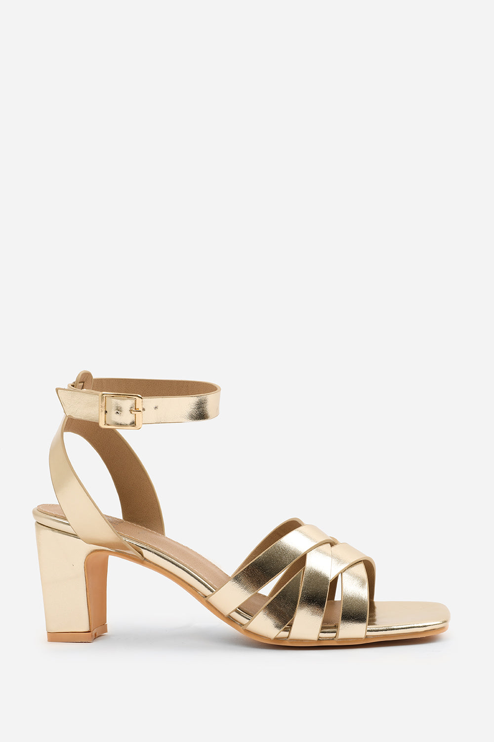 CAITY TRIPLE LINK CHAIN DETAIL SANDALS IN GOLD METALLIC FAUX LEATHER