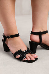 CORA WIDE FIT LOW BLOCK HEEL WITH CUT OUT DETAILING AND DIAMANTES IN BLACK SUEDE