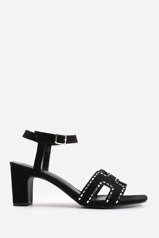 CORA WIDE FIT LOW BLOCK HEEL WITH CUT OUT DETAILING AND DIAMANTES IN BLACK SUEDE