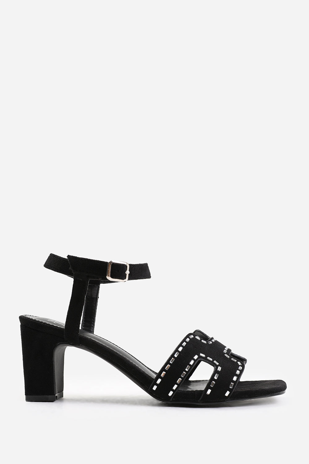 ELSPETH WIDE FIT LOW BLOCK HEEL WITH CUT OUT DETAILING AND DIAMANTES IN BLACK SUEDE