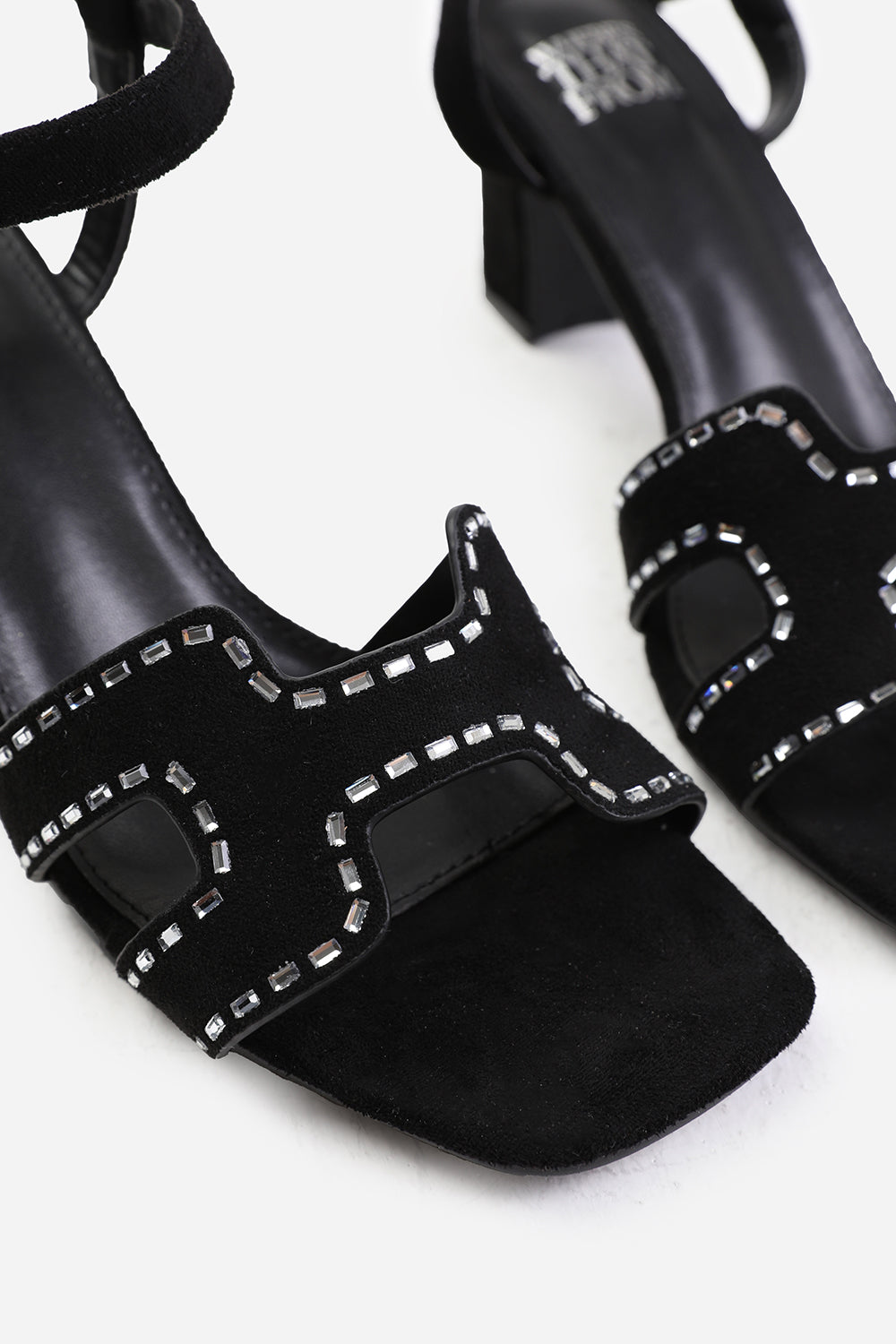 CORA WIDE FIT LOW BLOCK HEEL WITH CUT OUT DETAILING AND DIAMANTES IN BLACK SUEDE
