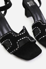 CORA WIDE FIT LOW BLOCK HEEL WITH CUT OUT DETAILING AND DIAMANTES IN BLACK SUEDE