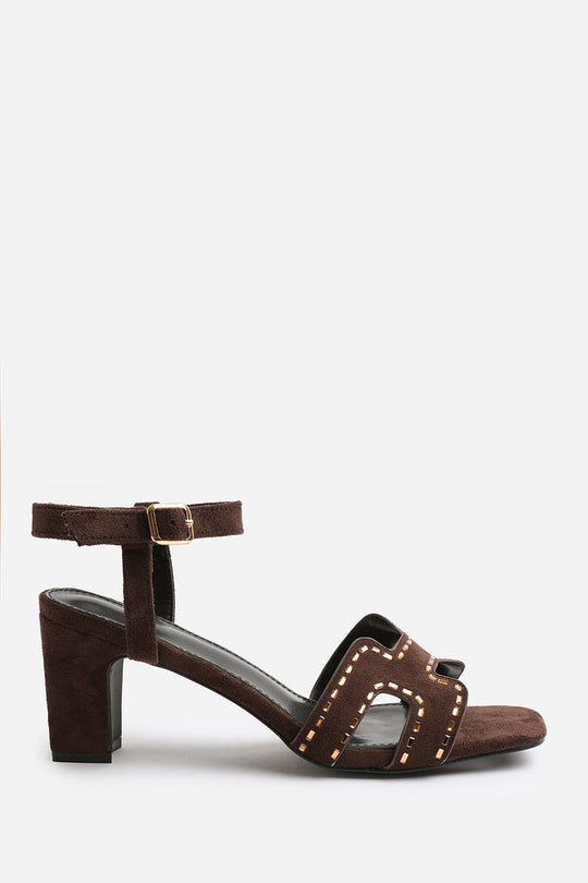 CORA WIDE FIT LOW BLOCK HEEL WITH CUT OUT DETAILING AND DIAMANTES IN DARK BROWN SUEDE
