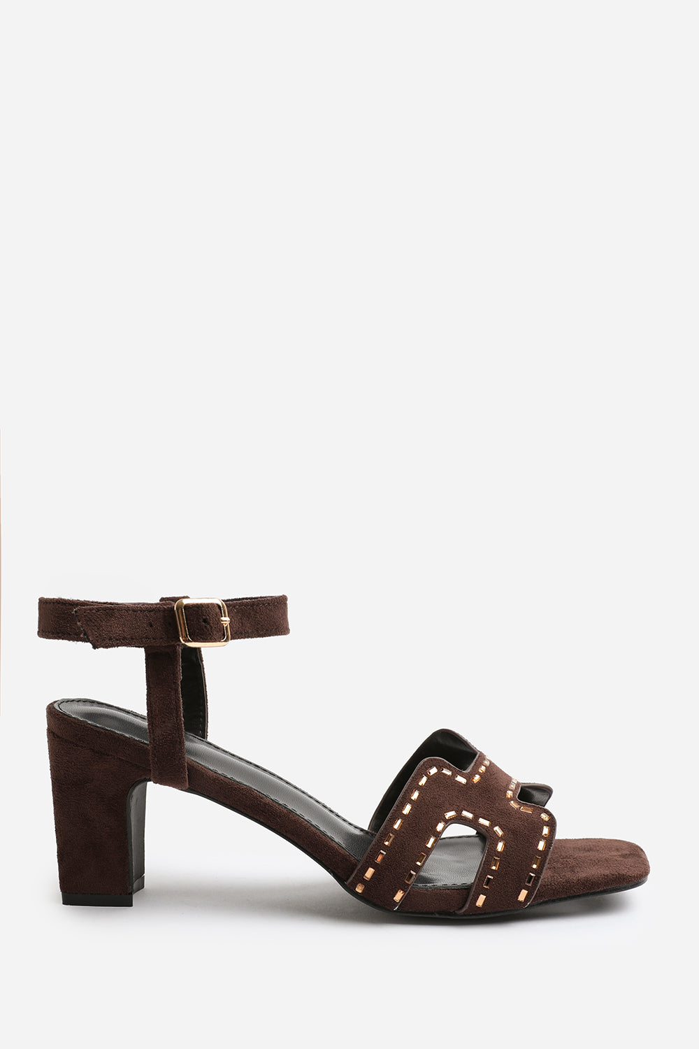 ELSPETH WIDE FIT LOW BLOCK HEEL WITH CUT OUT DETAILING AND DIAMANTES IN DARK BROWN SUEDE