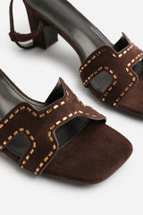 CORA LOW BLOCK HEEL WITH CUT OUT DETAILING AND DIAMANTES IN DARK BROWN SUEDE