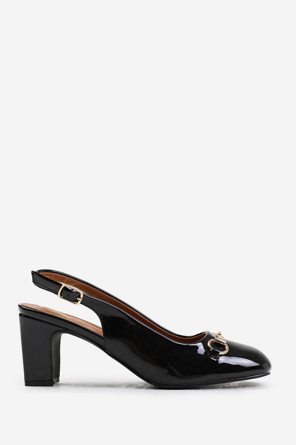 RAIZEL WIDE FIT BLOCK HEEL WITH METAL DETAIL AND SLINGBACK BUCKLE STRAP IN BLACK PATENT