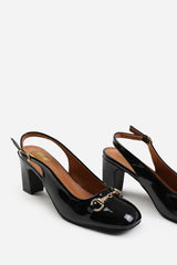 RAIZEL EXTRA WIDE FIT BLOCK HEEL WITH METAL DETAIL AND SLINGBACK BUCKLE STRAP IN BLACK PATENT