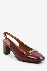 RAIZEL EXTRA WIDE FIT BLOCK HEEL WITH METAL DETAIL AND SLINGBACK BUCKLE STRAP IN DEEP CHERRY PATENT