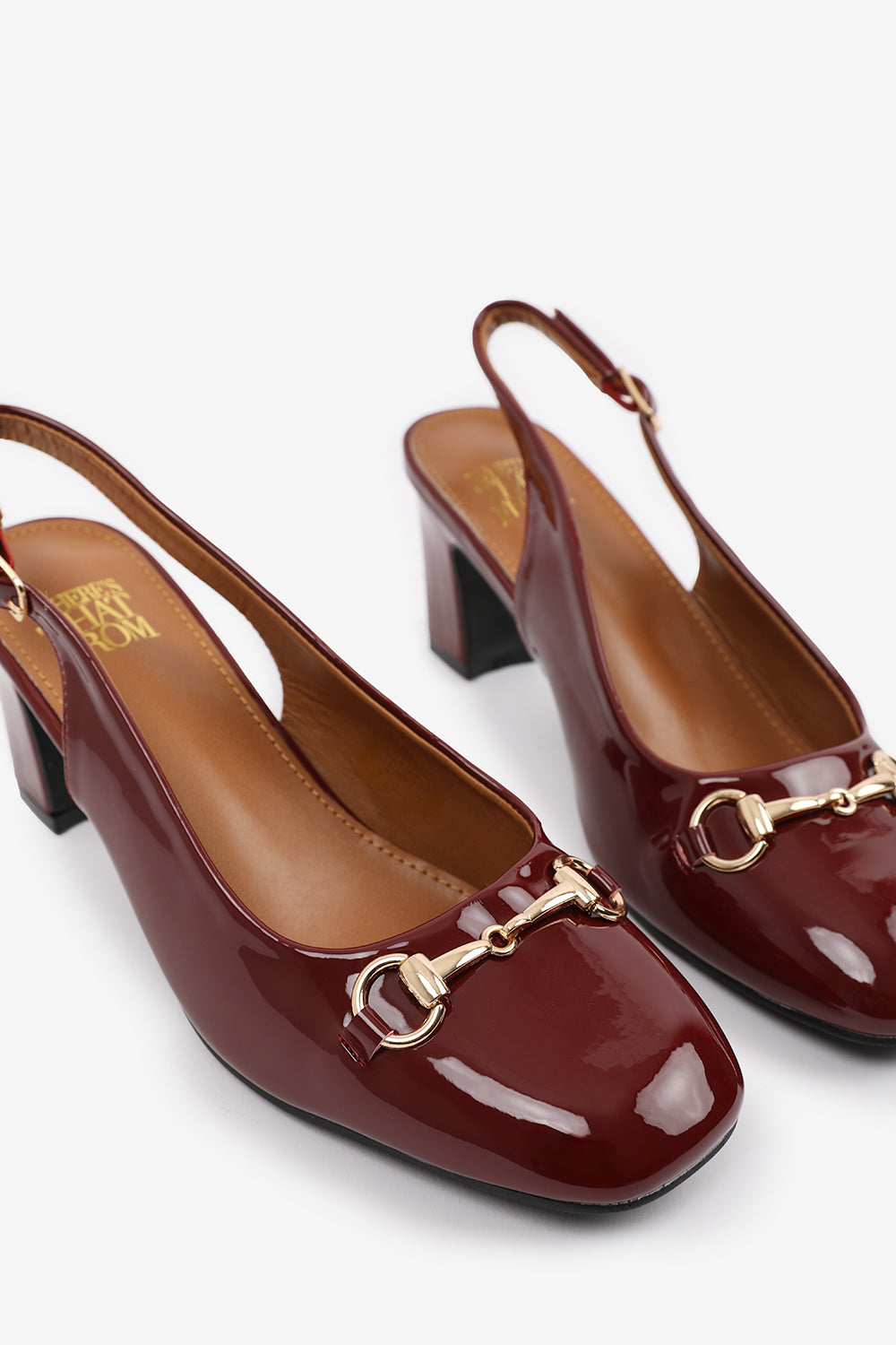 RAIZEL BLOCK HEEL WITH METAL DETAIL AND SLINGBACK BUCKLE STRAP IN DEEP CHERRY PATENT