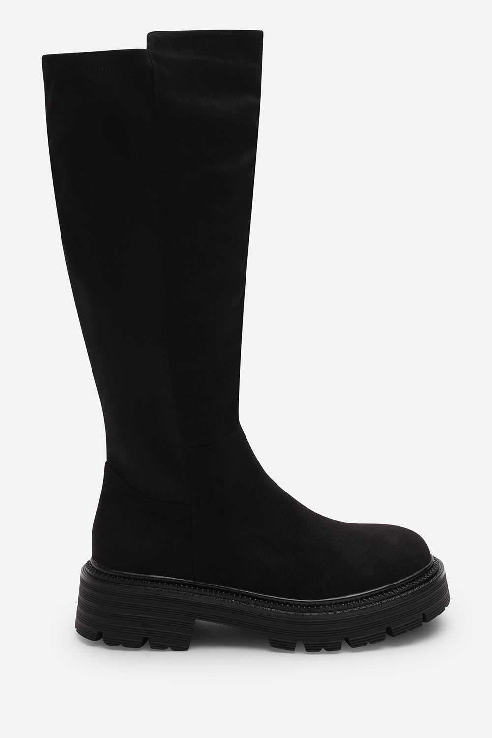 Ilsa Black Knee High Low Block Heel Boots with elasticated back panel