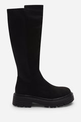 Ilsa Black Knee High Low Block Heel Boots with elasticated back panel