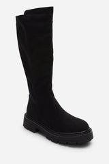 Ilsa Black Knee High Low Block Heel Boots with elasticated back panel