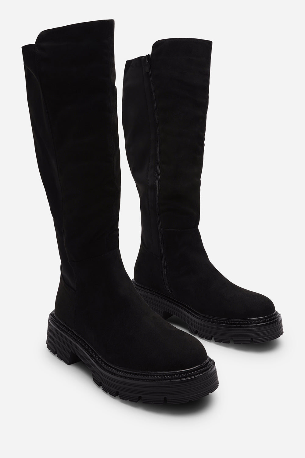 Ilsa Black Knee High Low Block Heel Boots with elasticated back panel