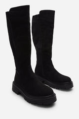 Ilsa Black Knee High Low Block Heel Boots with elasticated back panel