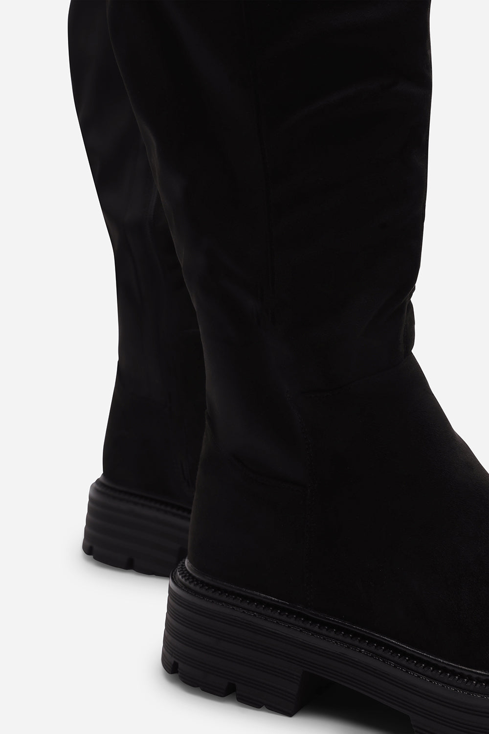 Ilsa Black Knee High Low Block Heel Boots with elasticated back panel