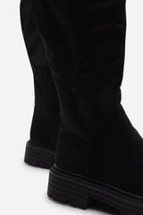 Ilsa Black Knee High Low Block Heel Boots with elasticated back panel