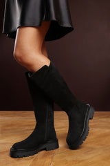 Ilsa Black Knee High Low Block Heel Boots with elasticated back panel