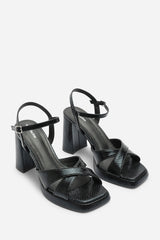 Qavira Wide Fit Cross Over Platform Block Heels With Ankle Strap