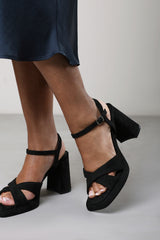 Qavira Cross Over Platform Block Heels With Ankle Strap