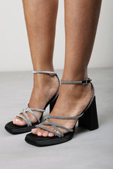 Qelixa Wide Fit Silver Diamante Cross Over Strappy Platform Heels in Black Satin